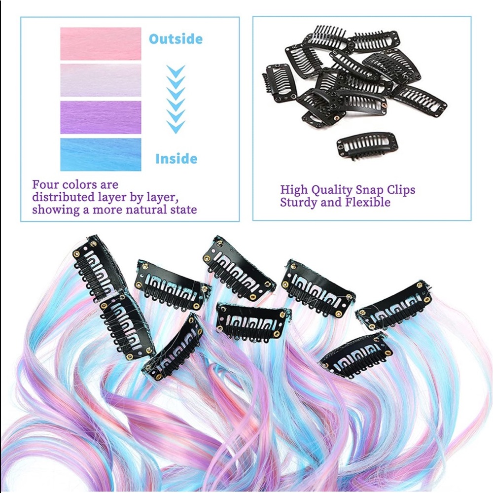 NEW Curly Unicorn 26" Long Clip-in Hair Extensions 7 Pcs Pink Purple & Blue - Picture 3 of 8